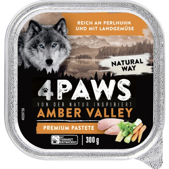 Paws Amber Valley Premium Pastete Perlhuhn & Landgemüse 300G 3 Paws Amber Valley Premium Pastete Perlhuhn & Landgemüse 300G